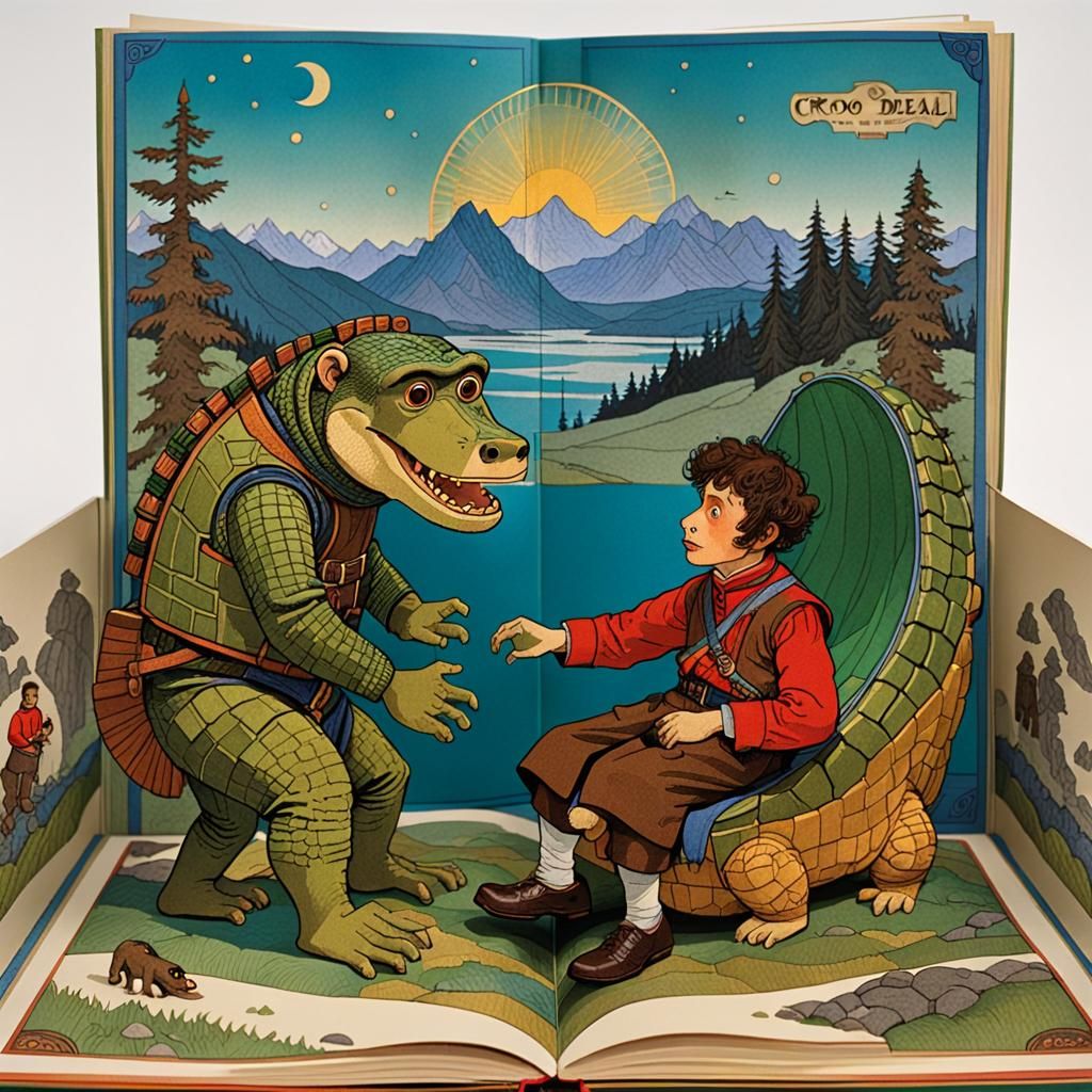 Cheburashka and Crocodile in Pop-Up Book Illustration
