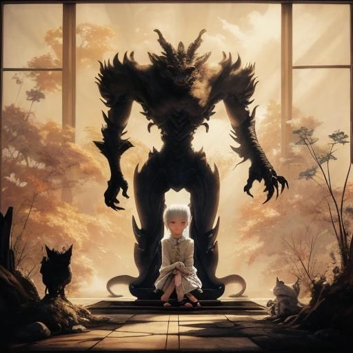 Girl, Dragon, and Cat in Chiaroscuro Painting