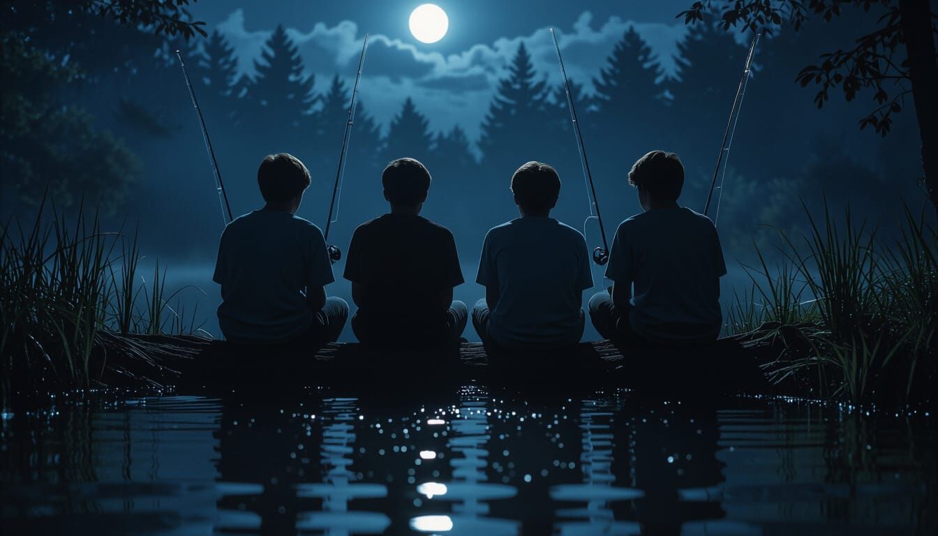 Teenage Boys Fishing at Night in Eerie Moonlight