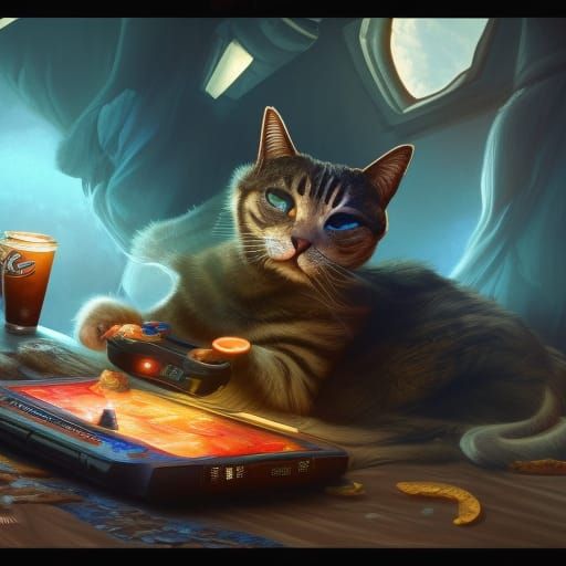 Cat Gamer in a Fantastical Digital Painting