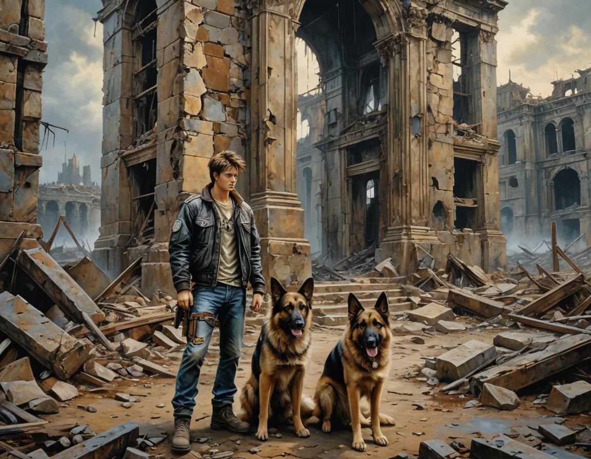 Post-Apocalyptic Boy and Dog in Acrylic Painting