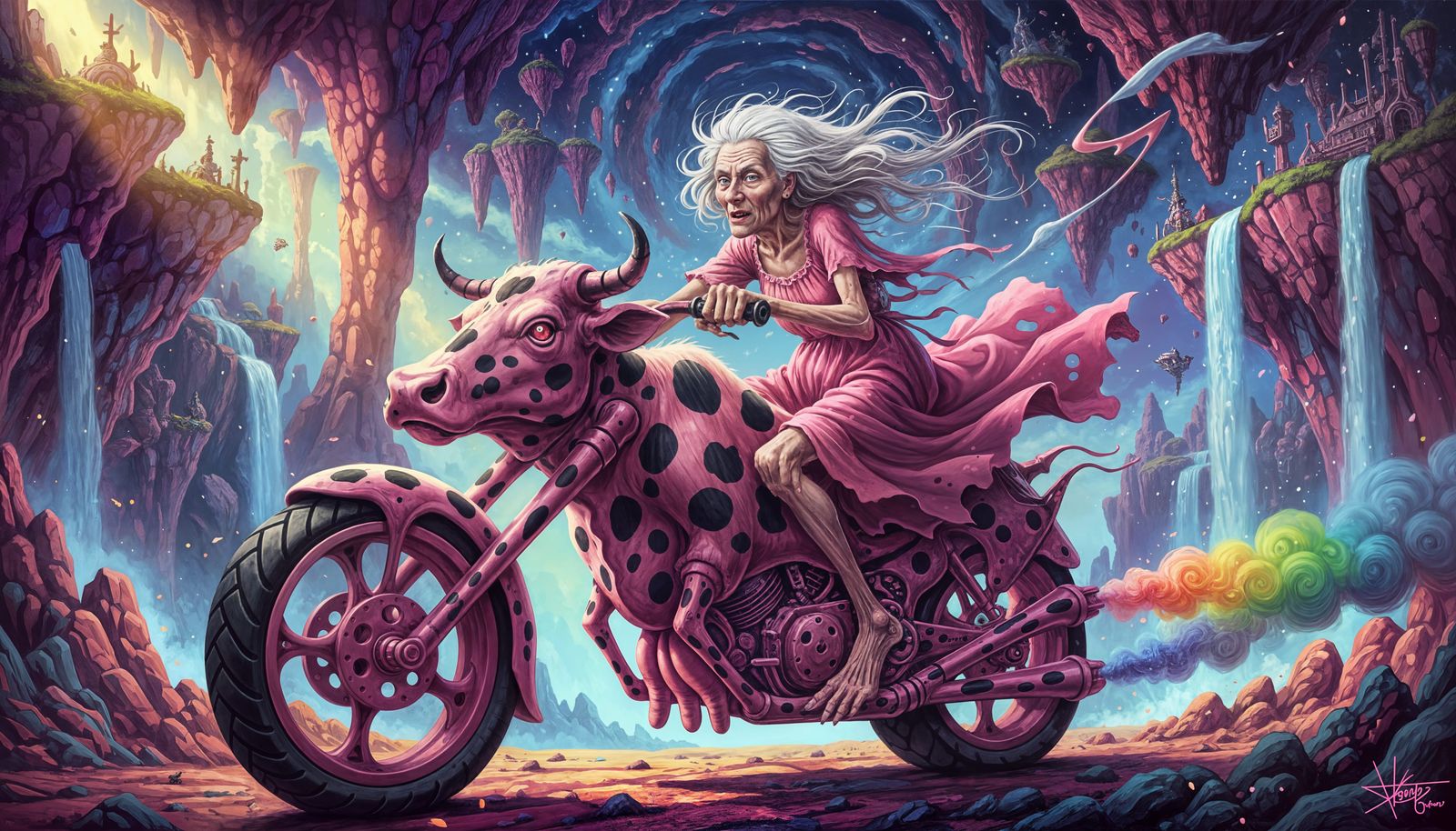 Surreal Cow Motorcycle with Grandma Rider in Pink