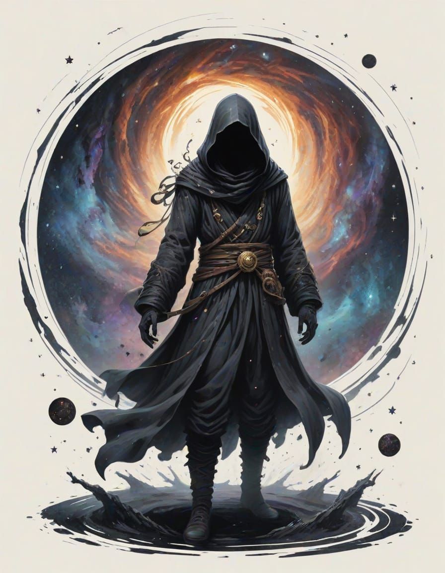 Dark Fantasy Cosmic Bard Stands at Black Hole's Edge