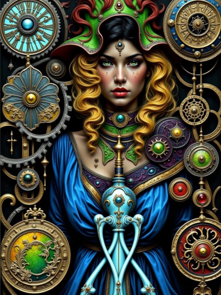 Beautiful Time Princess with Gears and Pipes in Hyperrealism
