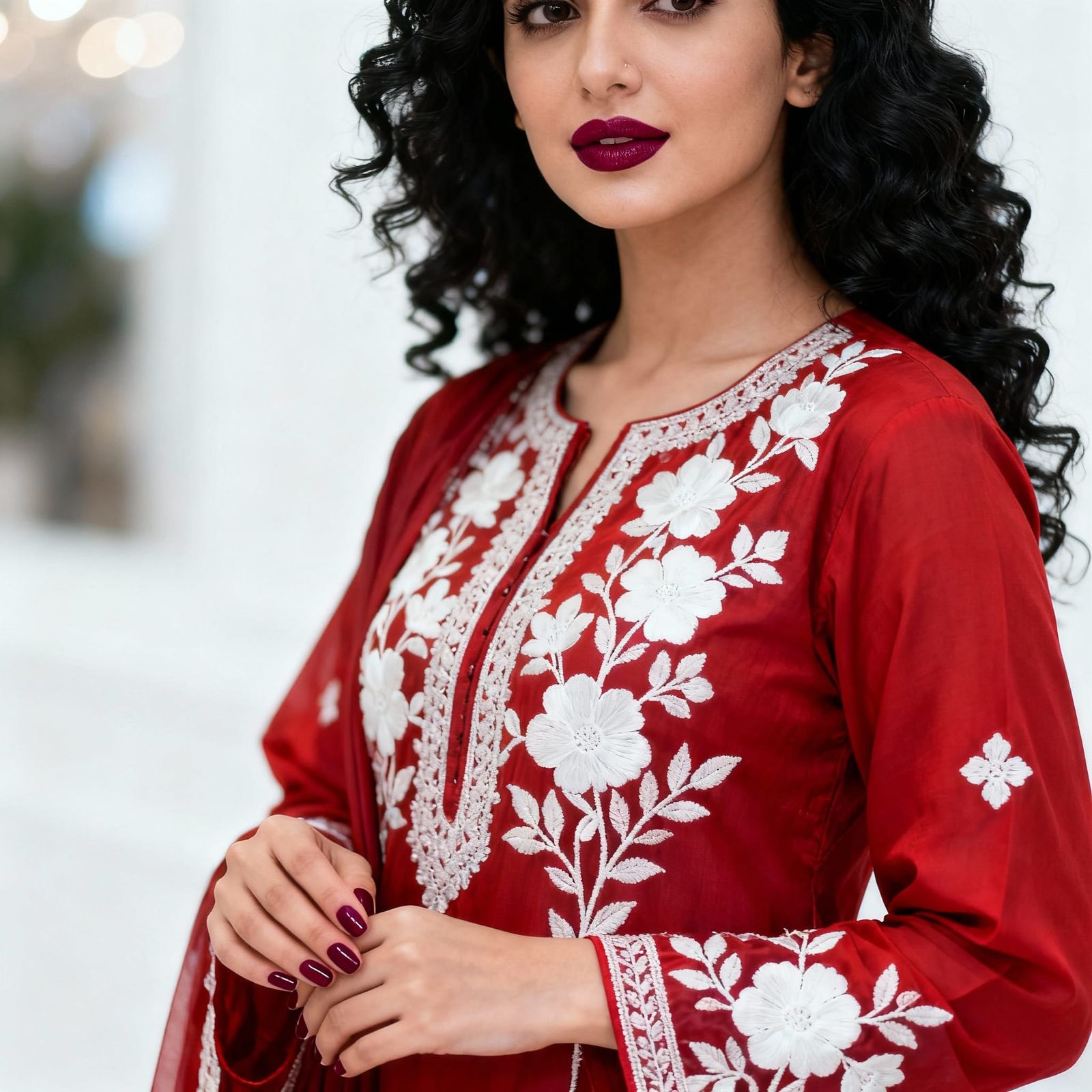 Elegant Pakistani Model in Red Kameez Salwar Portrait
