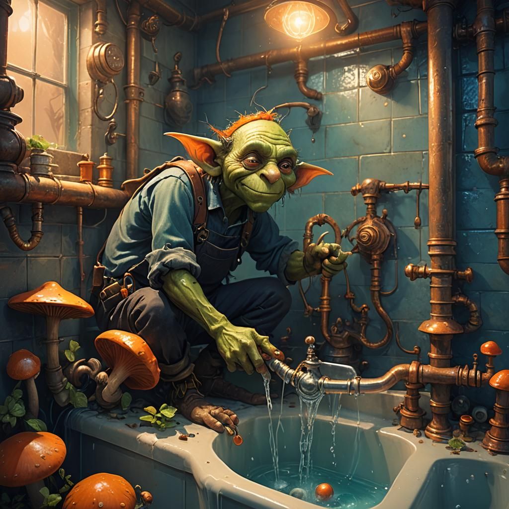 Goblin Plumber Repairs Pipe in Mystical Bathroom