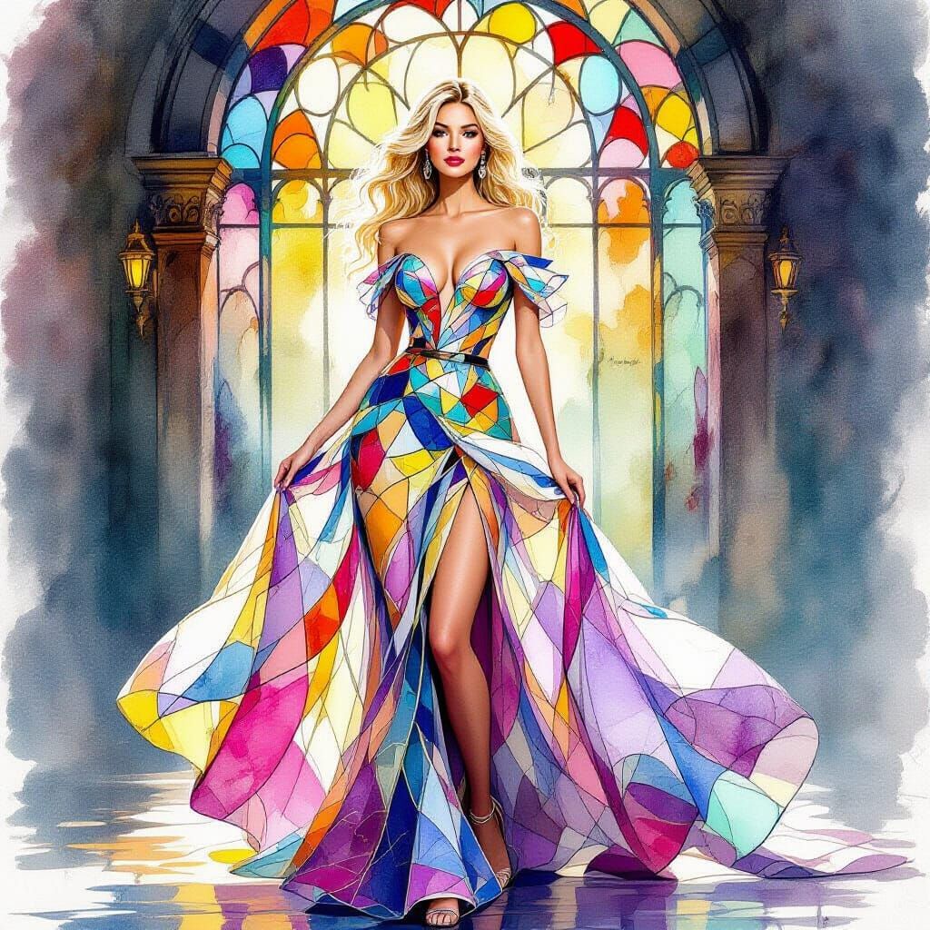 Woman in Shimmering Stained Glass Gown