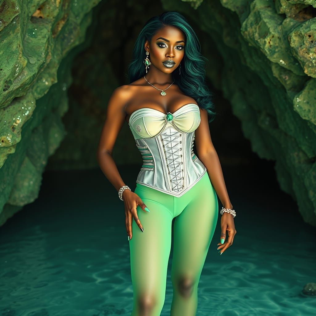 Voluptuous Woman in Emerald Cave, Photorealistic Style
