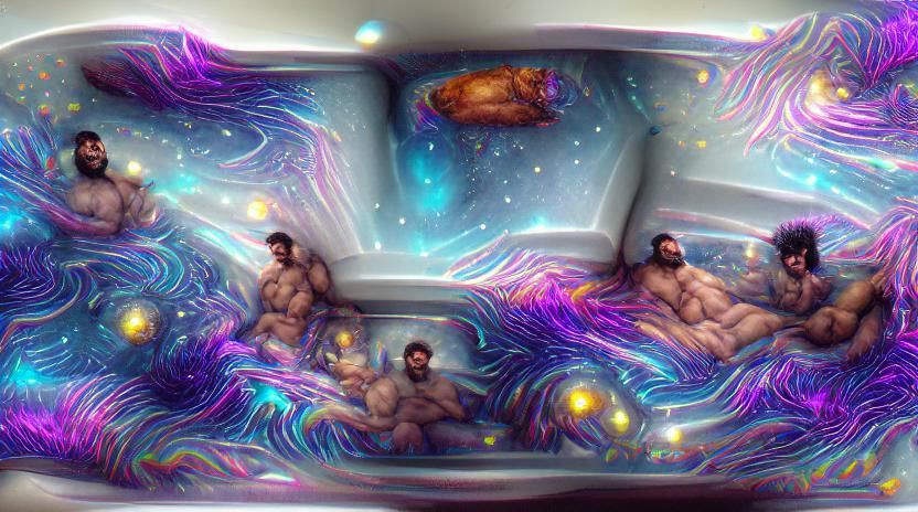 Hairy Men in Bathtub: Holographic Astral Illustration