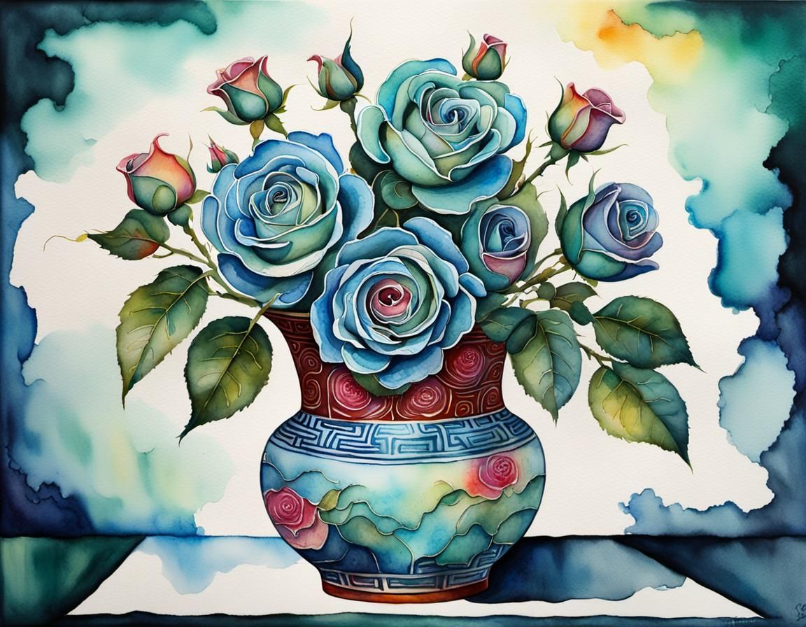 Roses in Vase: Watercolor, Ink, Alcohol Ink, Visionary Art