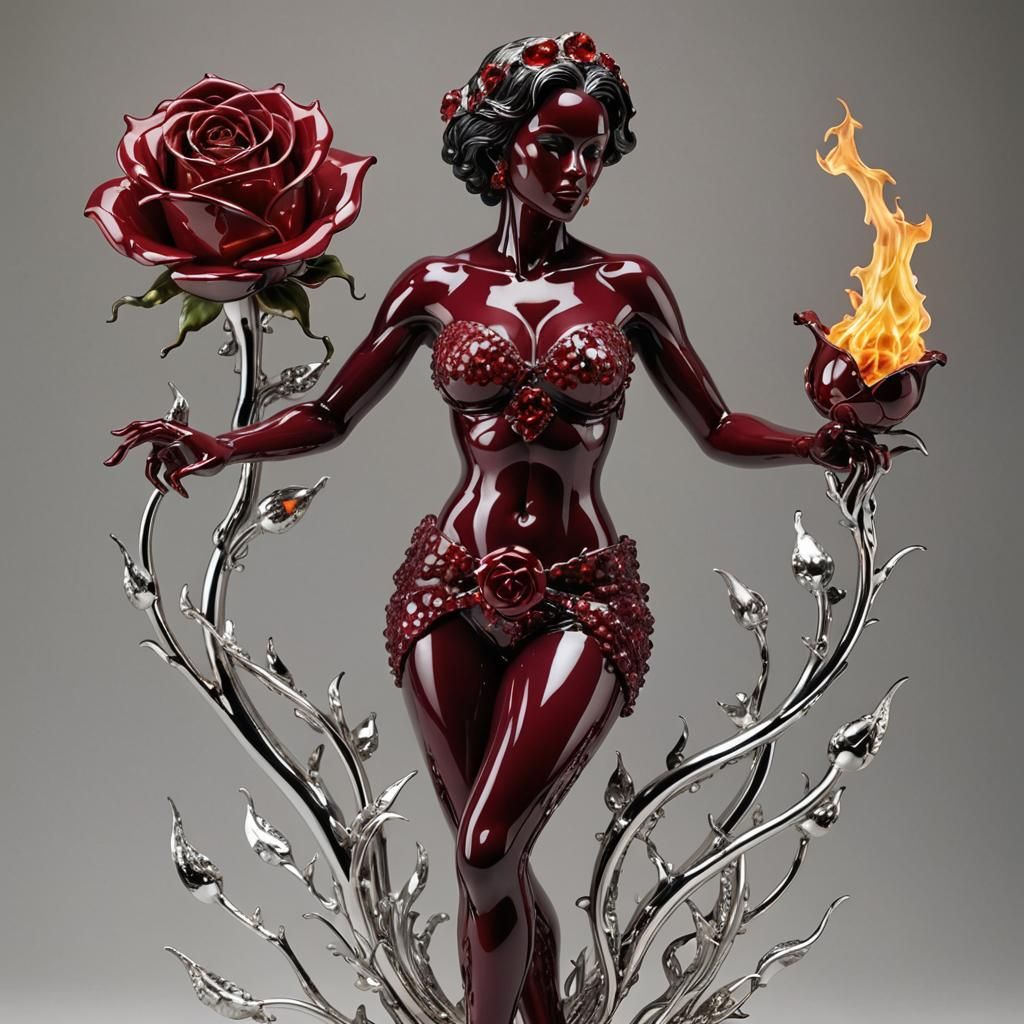 a very large ruby crystal rose set in flames, a chrome volup...