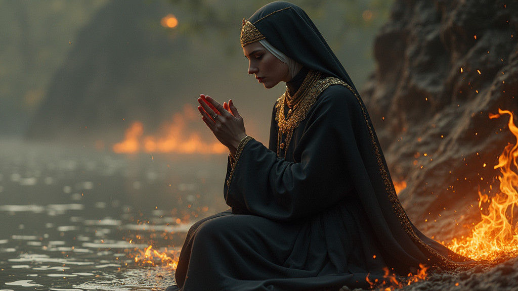 Nun Praying Amidst Flames: Fantasy Concept Art