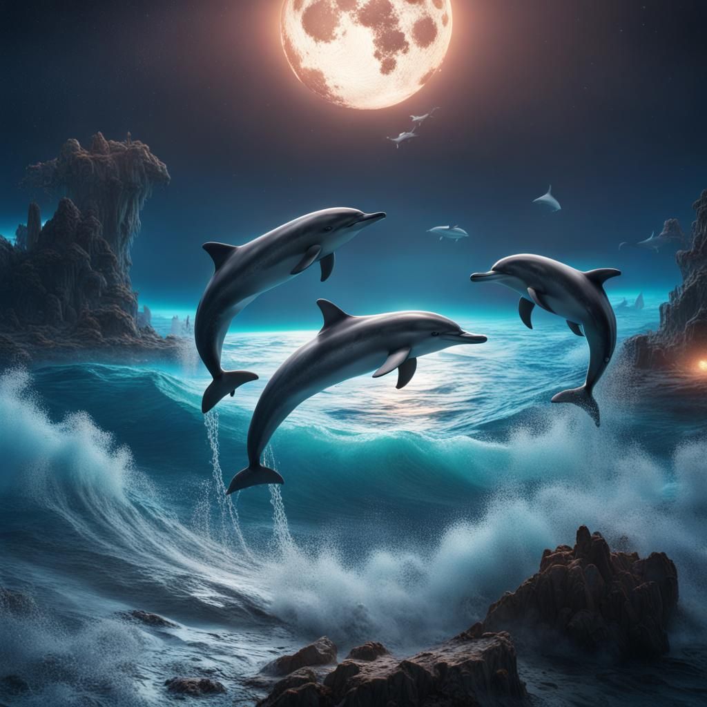 Moonlit Ocean: Dolphins at Play in Detailed Fantasy Art