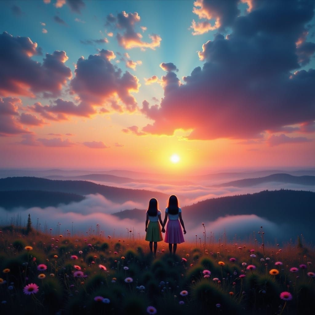 Two Girls in Dramatic Dawn Sky, Photorealistic Scene