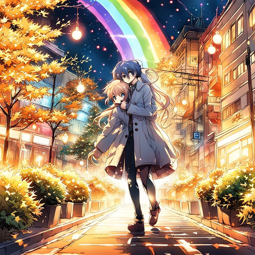 Anime Couple in Love Under Rainbow Christmas Lights