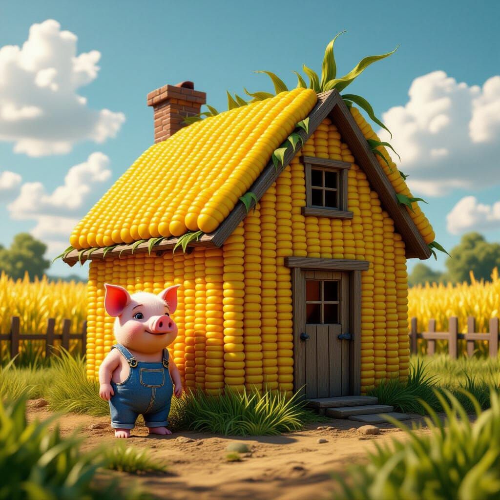 Piggy in Overalls Beside Corn House