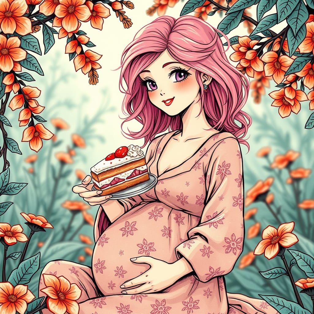 Surreal Art Nouveau Fantasy Woman Savoring Cake in Lush Gard...