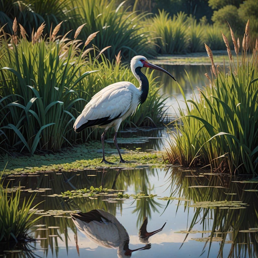 Solitary Ibis in Lush Wetland Digital Matte Painting