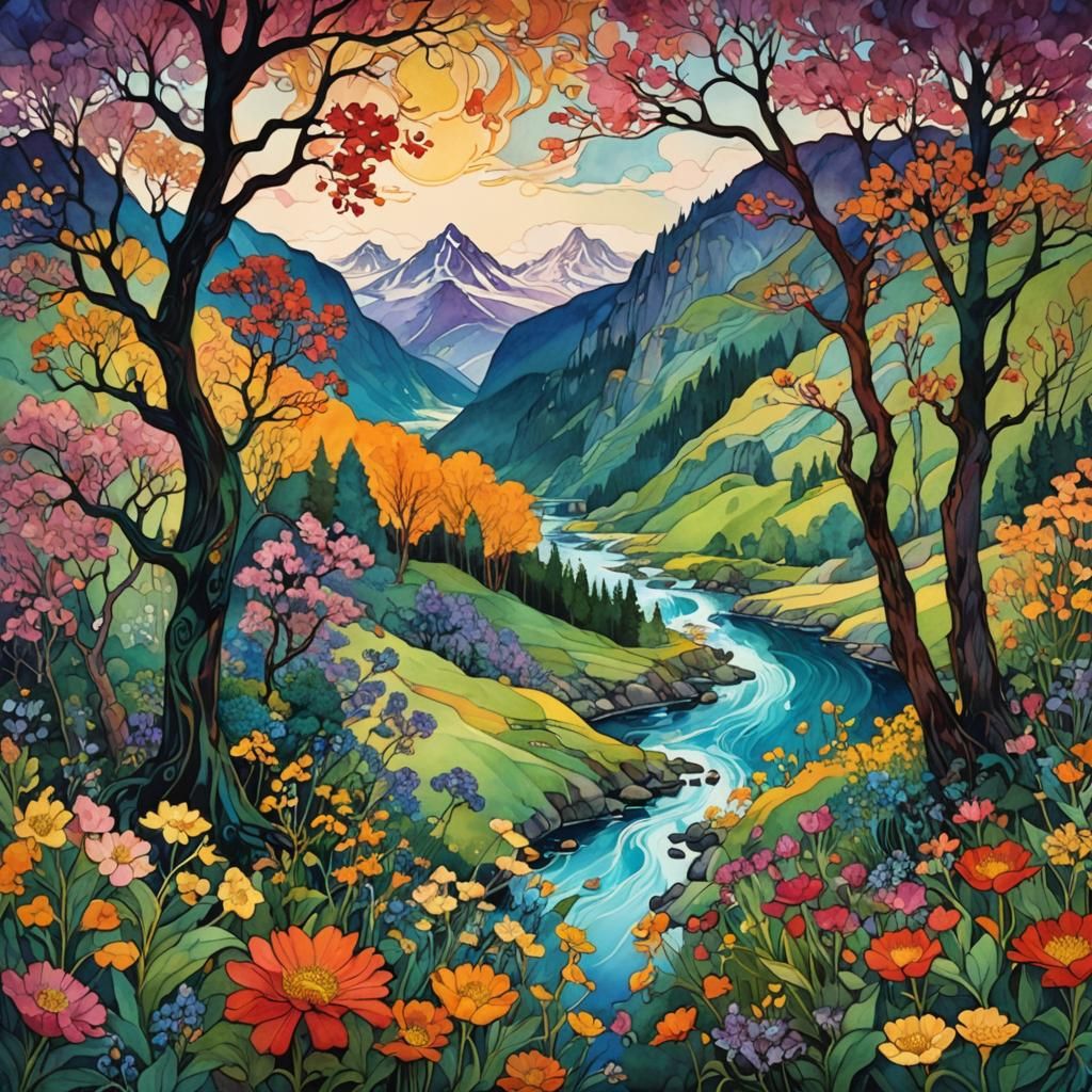 Watercolor Dreamscape of Nature in Zentangle Style