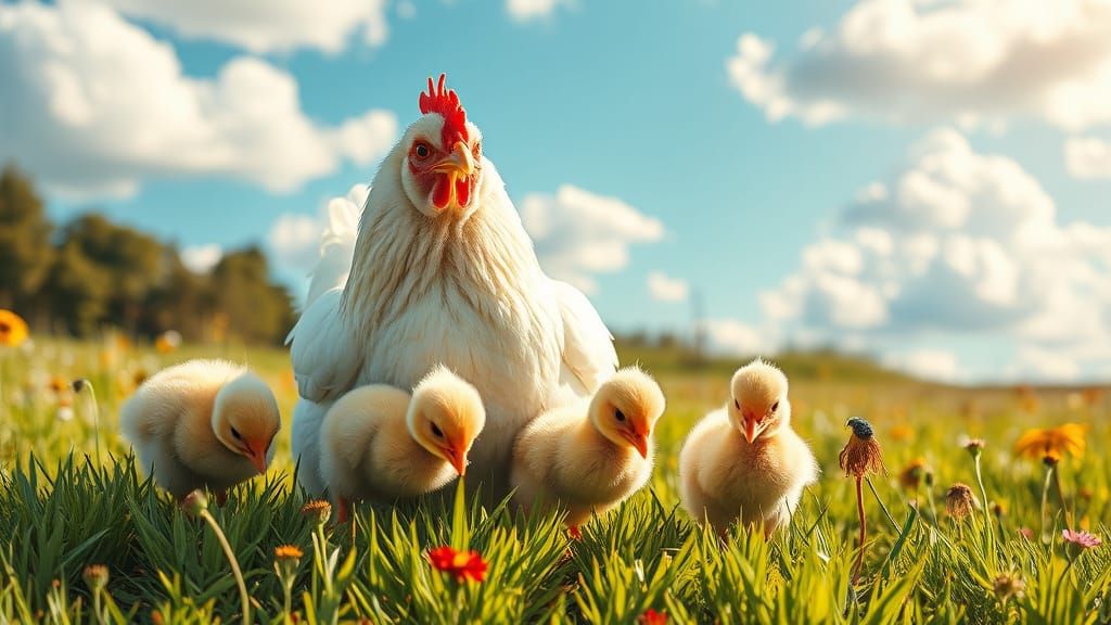 Mother Hen Surrounded by Chicks in a Serene Meadow