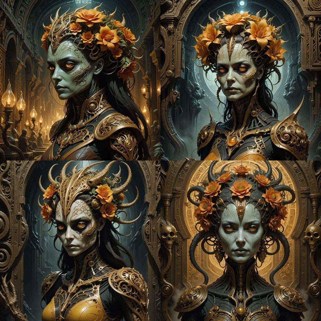 Whimsical Rococo Fantasy with Lizard Creatures in Golden Lig...