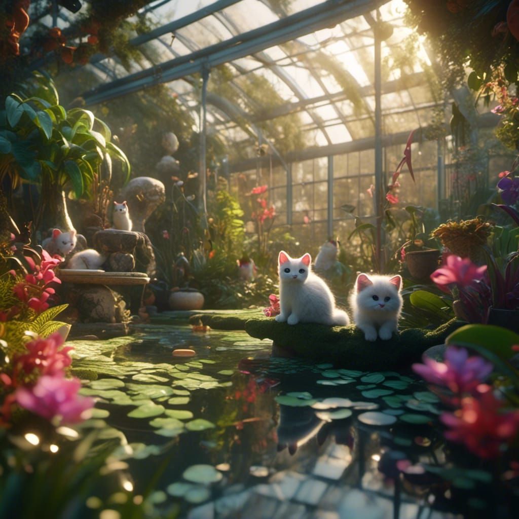 Cute Kittens Explore Jungle Greenhouse in 3D Style