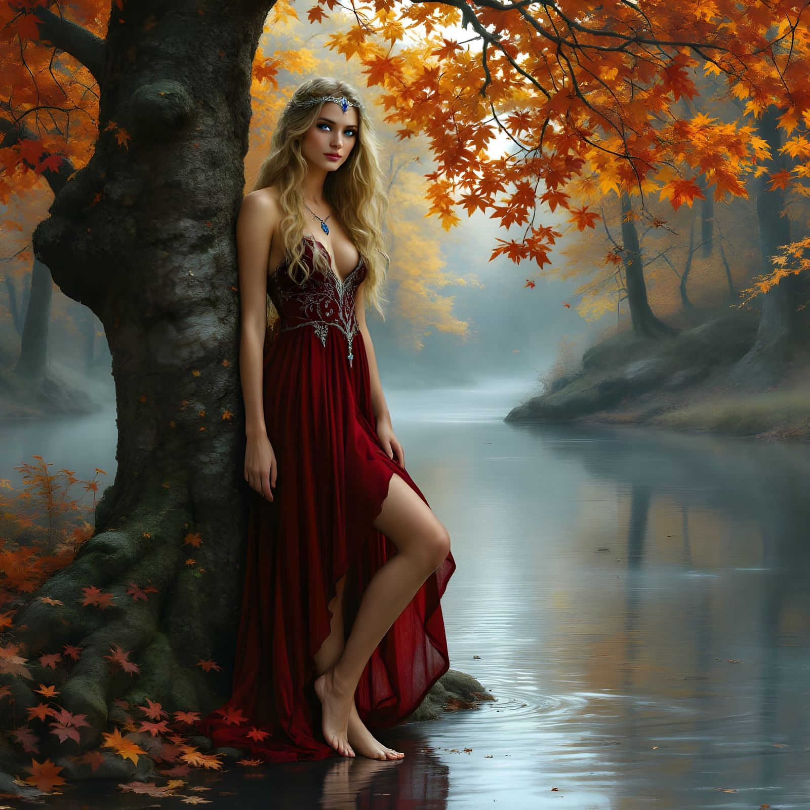 Norse Goddess Sága in Autumnal Riverbank Scene