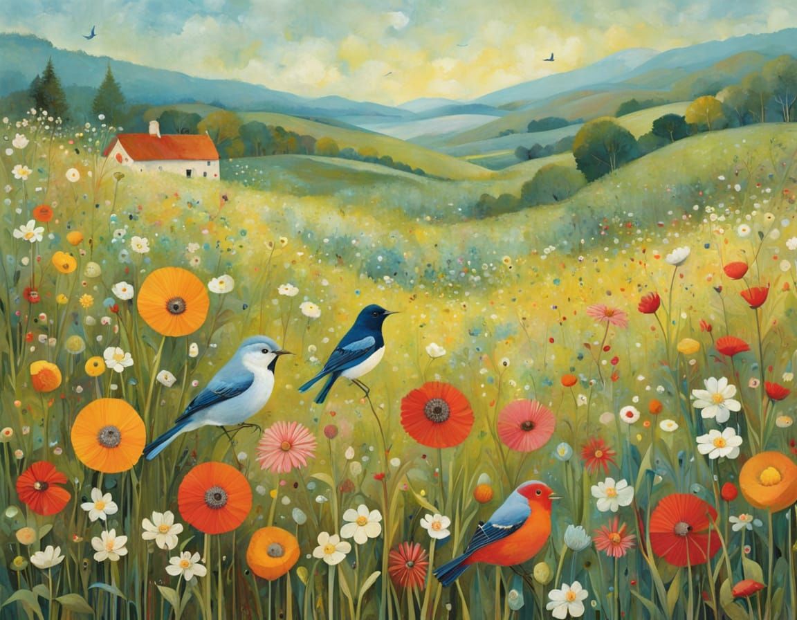 Birds in a Flower Meadow: Illustration