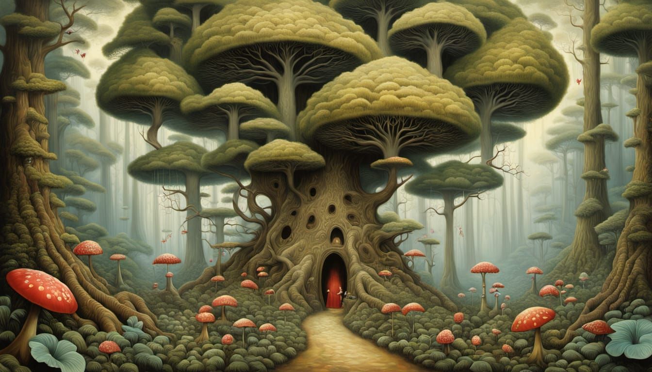 Surreal Dreamlike Forest with Giant, in Lowbrow Art Style