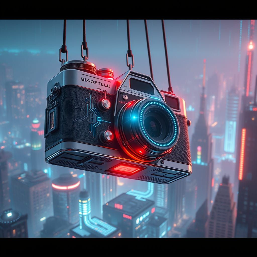 Surreal Retro Camera Floats Above Cyberpunk City