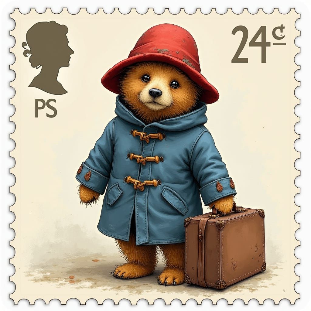 Paddington Bear on Royal Mail Postage Stamp in Hyperdetailed...