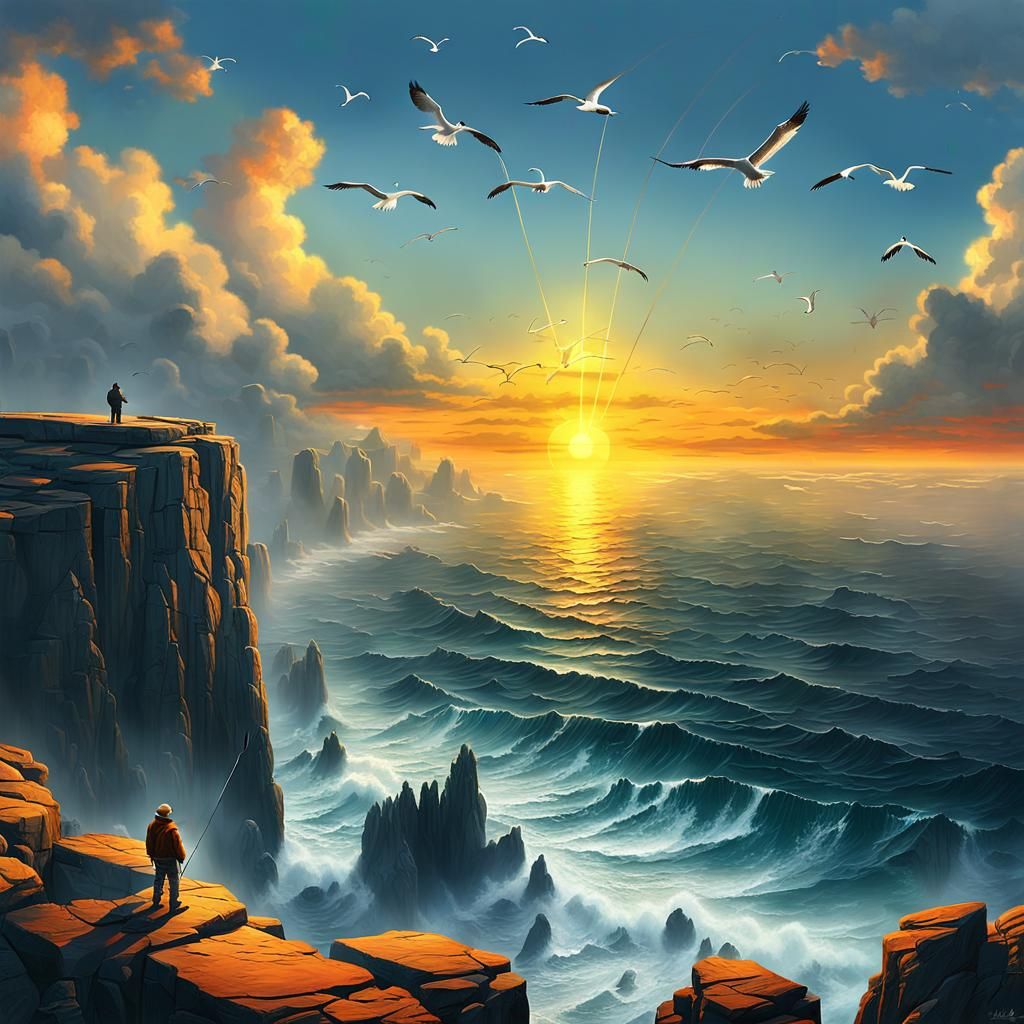 Epic Fantasy Fisherman at Sunset, Digital Art