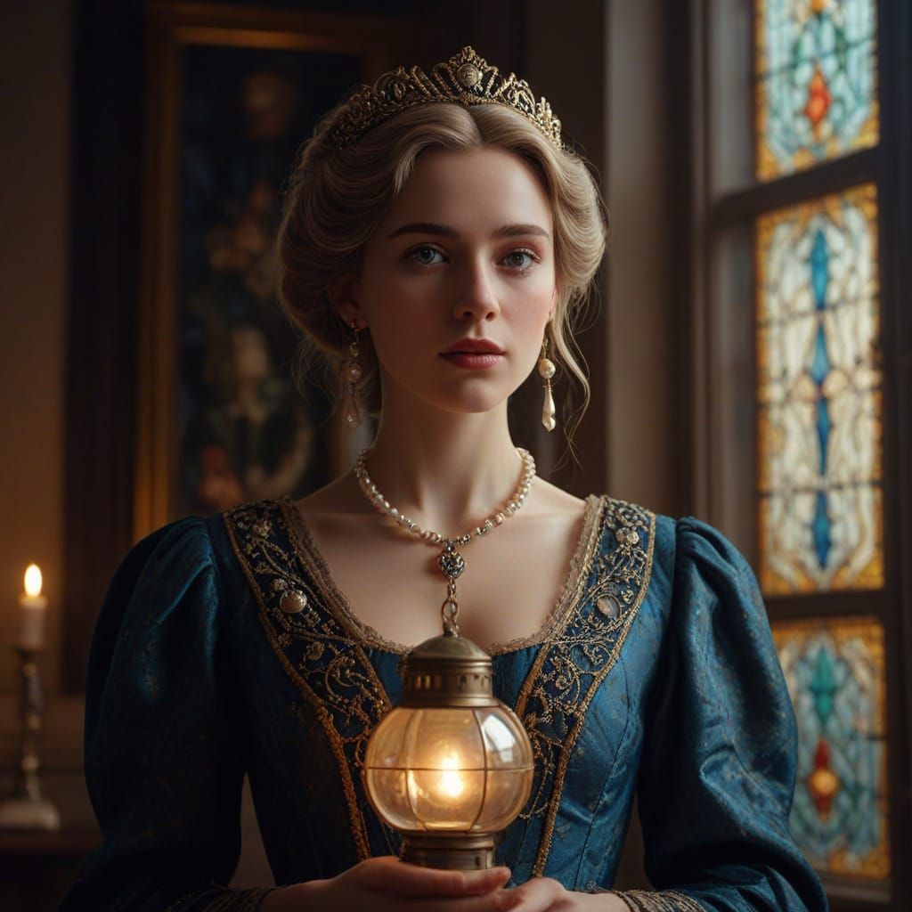 Victorian Noblewoman with Glowing Lantern in Soft Light