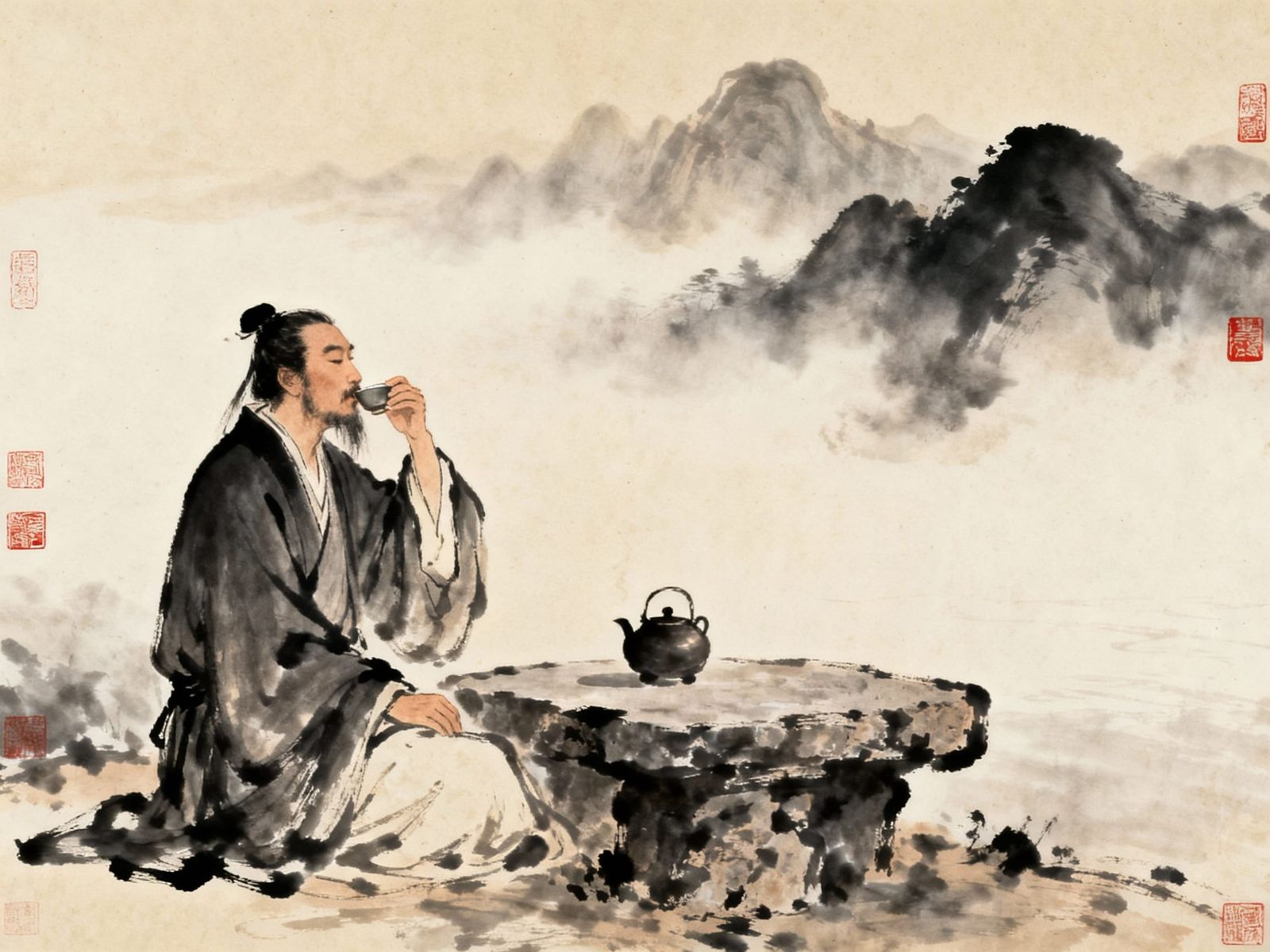 Solitary Literati Drinking in Ming Dynasty Ink Painting Styl...
