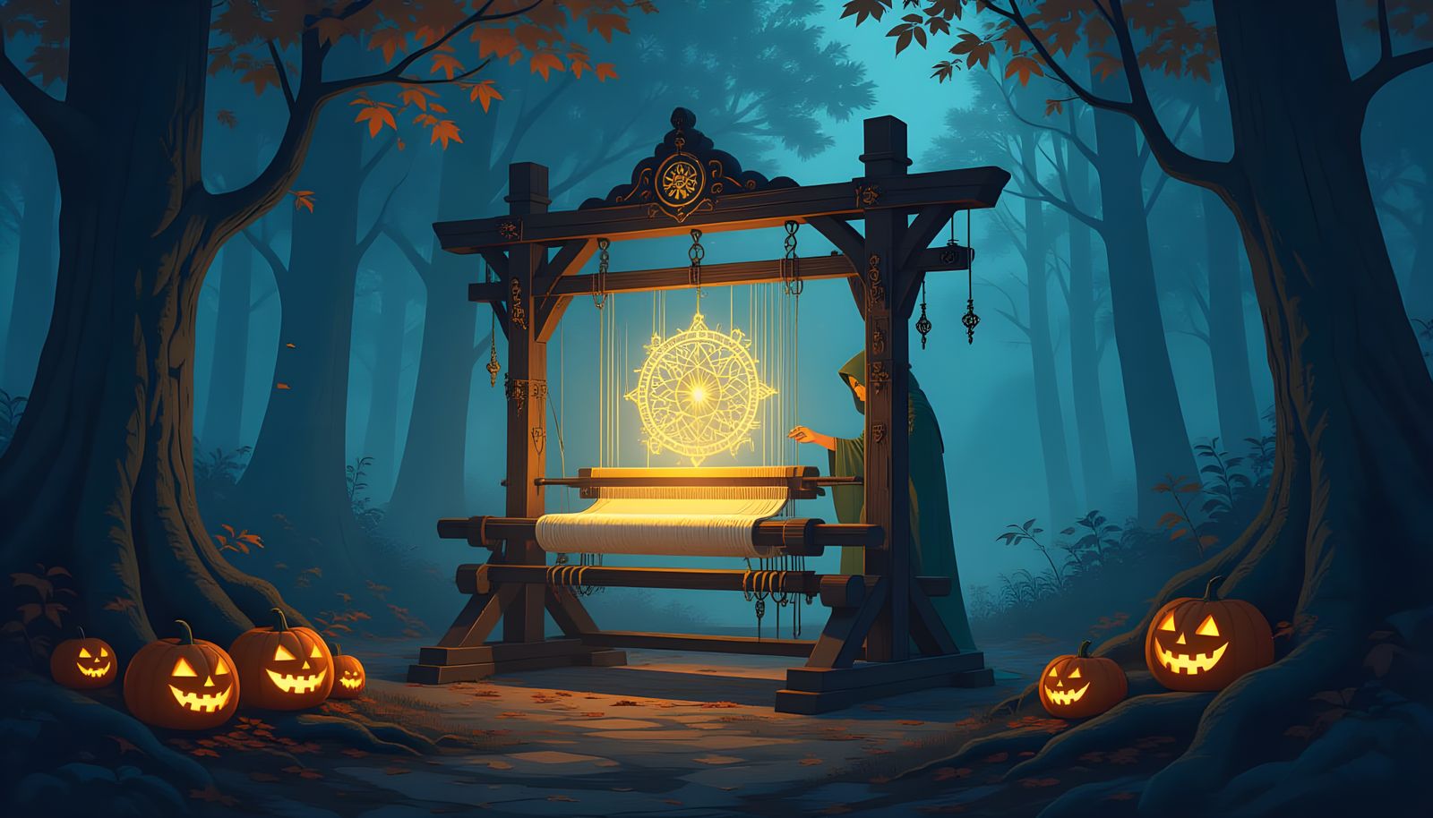 Mystical Loom Weaving Light in Autumn Forest