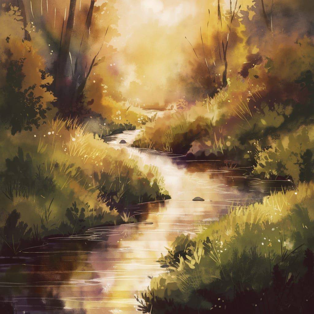 A watercolor painting of a beautiful wilderness forest creek