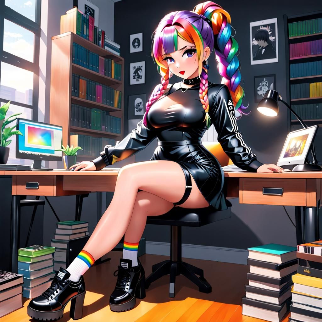 Rainbow-Haired Librarian in Cel-Shaded Anime Style