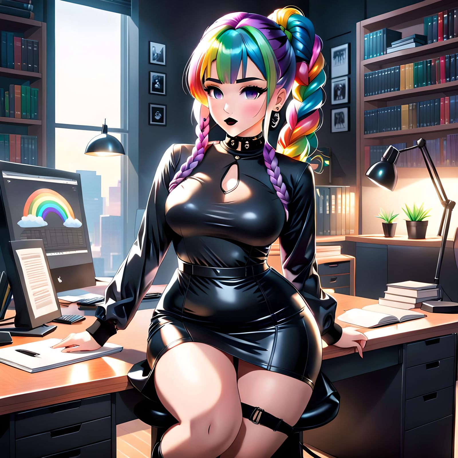Curvy Librarian in Manga Style with Rainbow Hair