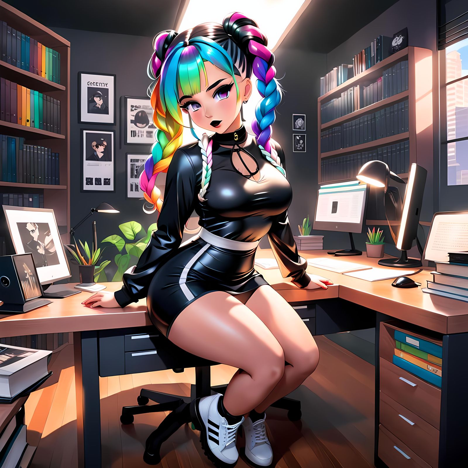 Anime Librarian in Slav Squat: Cel-Shaded Digital Art