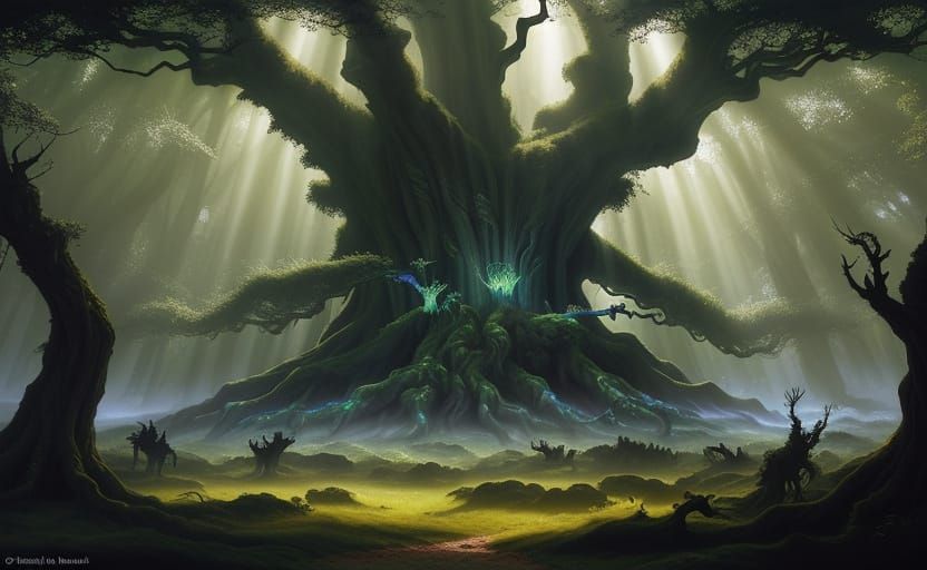 Mystical Ancient Oak Tree in Enchanted Forest Glade