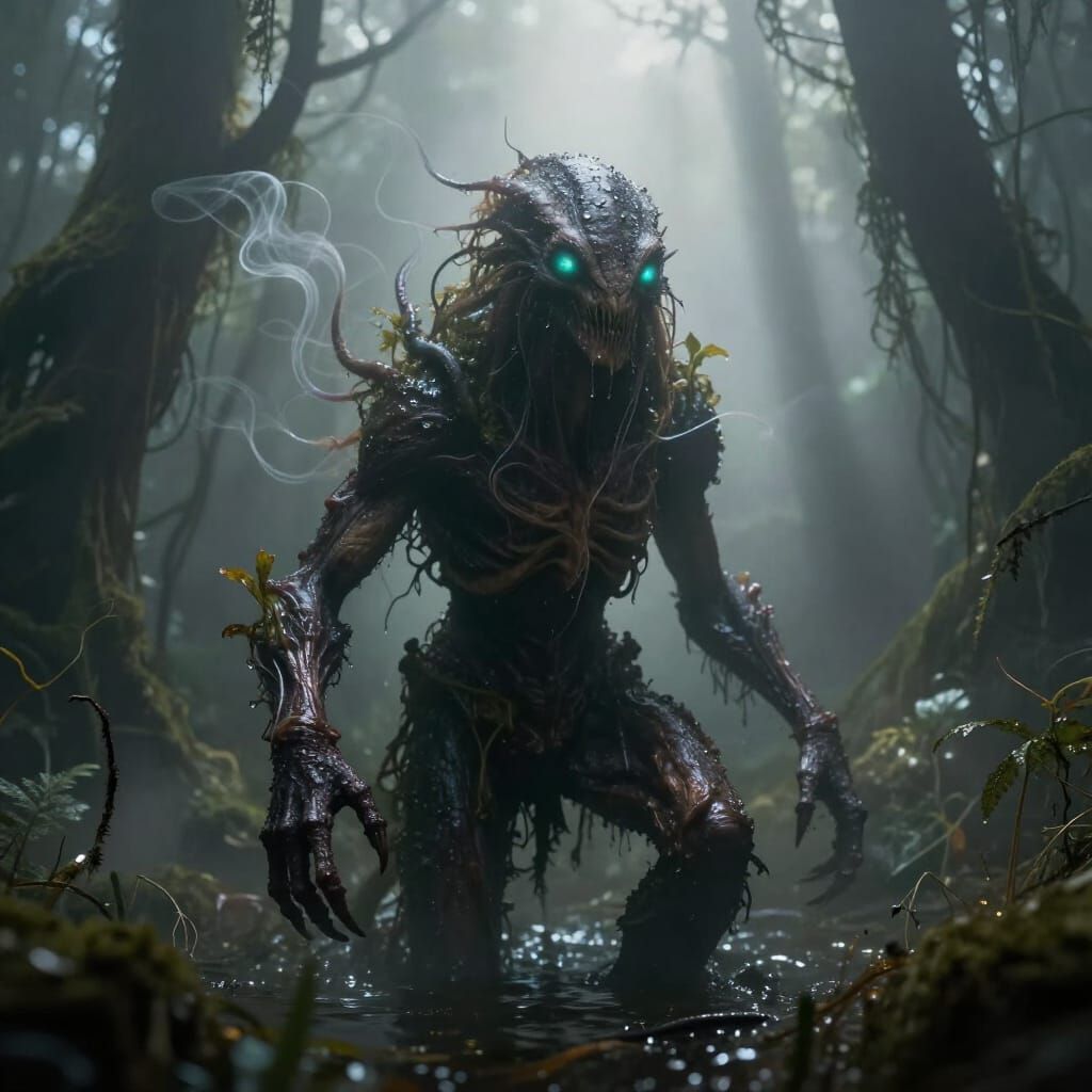 Hyperrealistic Creature Emerges from Misty Swamp