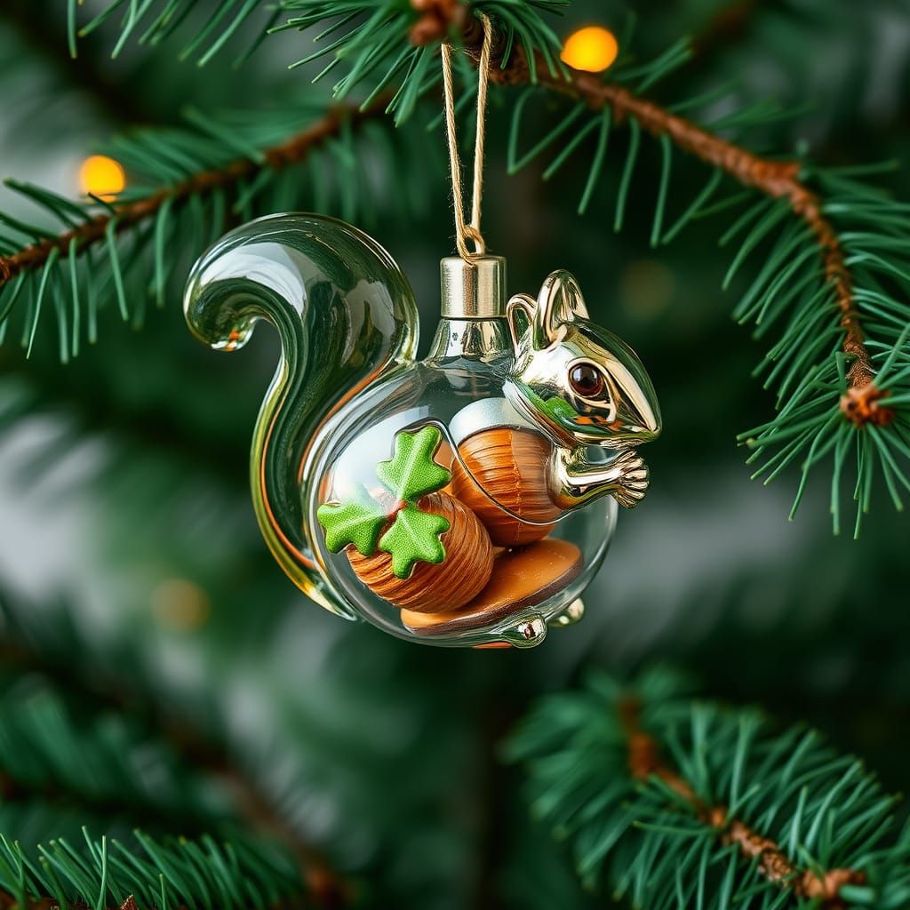 Glass Squirrel Ornament with Acorns on Christmas Tree