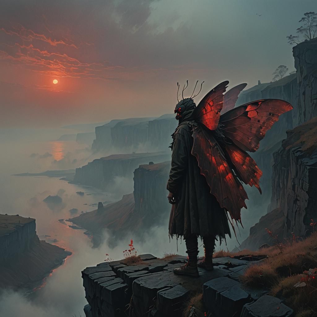 Mothman on Misty Cliff in Post-Impressionist Style