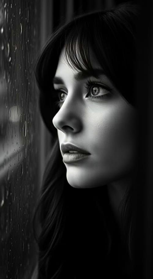 Mysterious Woman Contemplates Rainy Day in Vintage Black and...