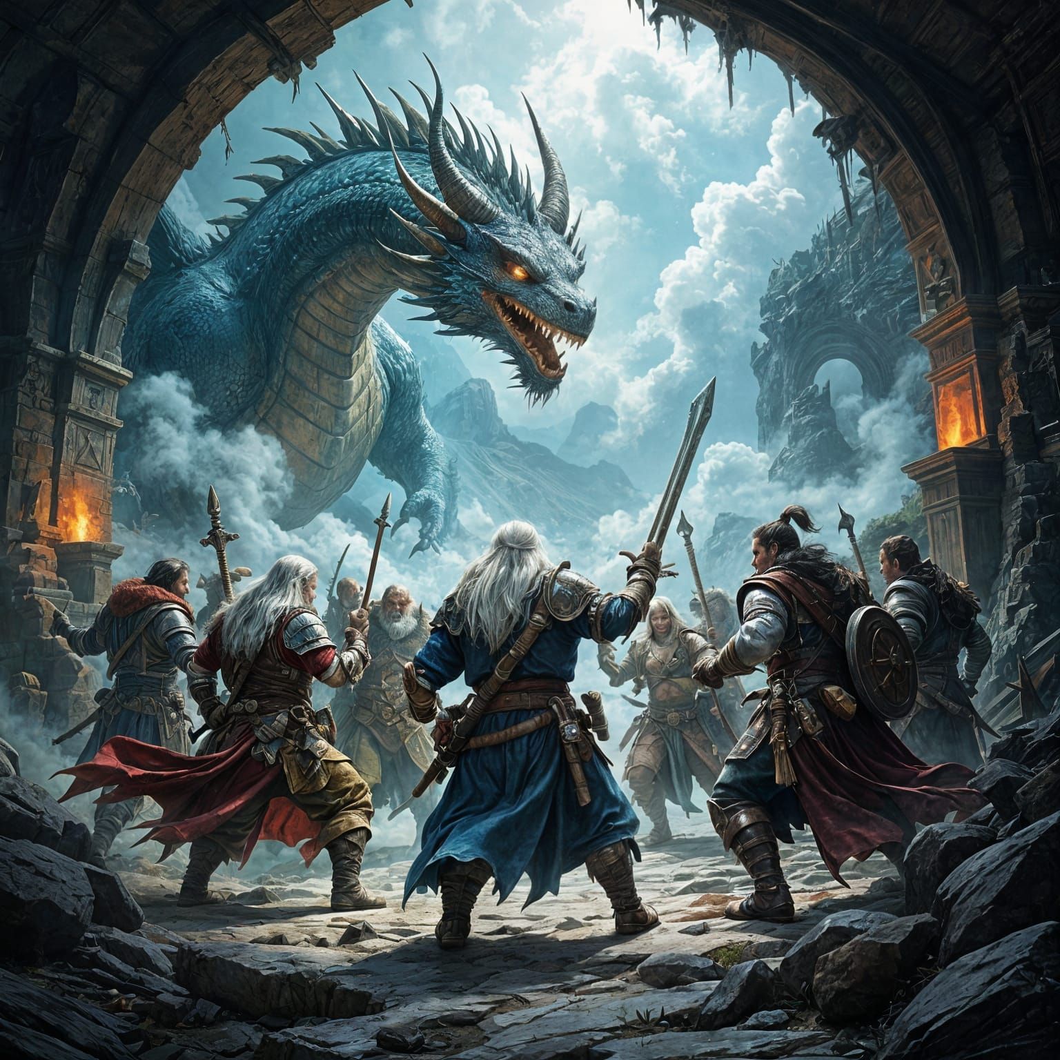 Elderly Adventurers Storm Dragon's Lair in Dark Fantasy Styl...