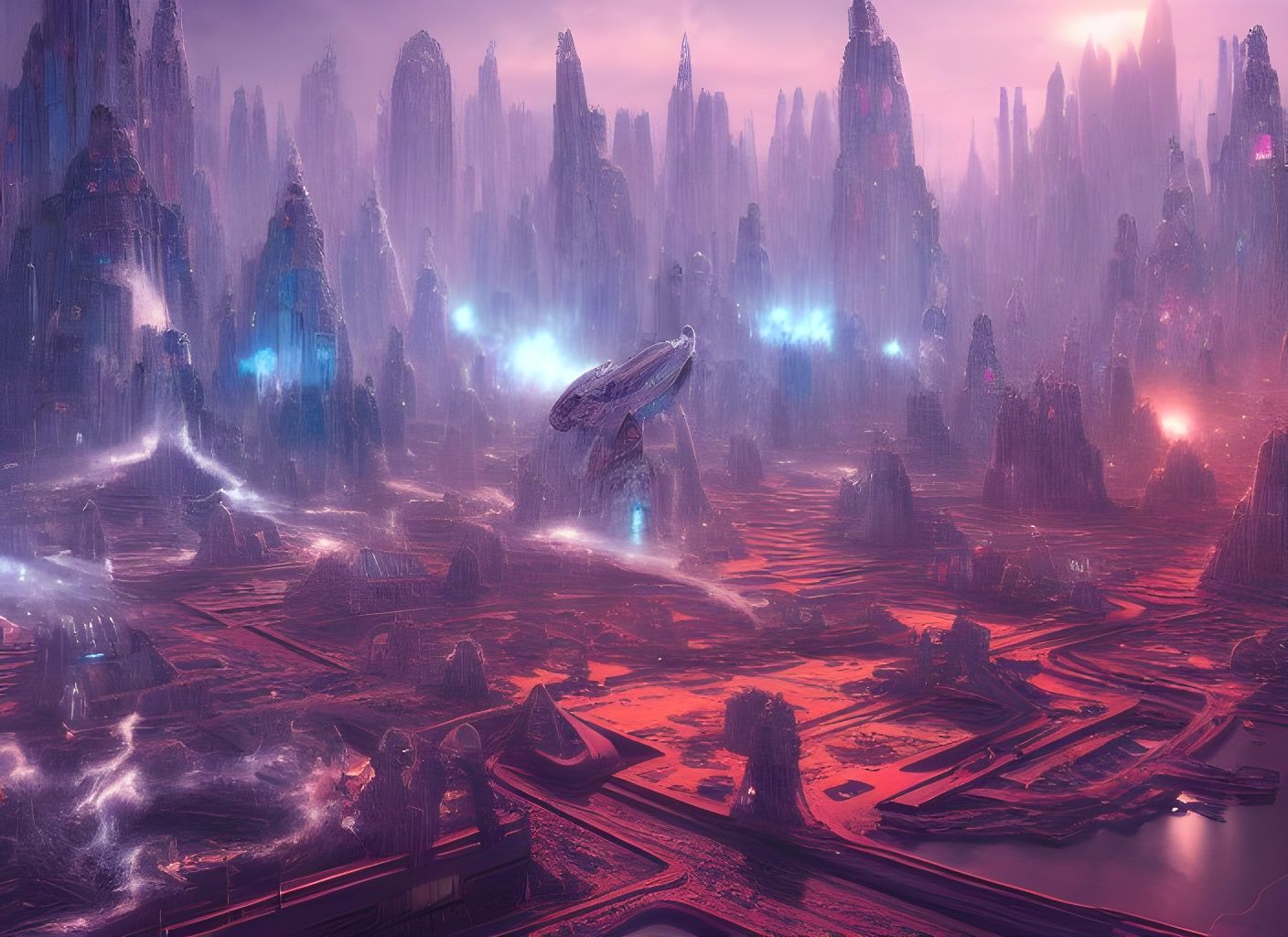 Ruined Alien Nanobot City with Spaceships