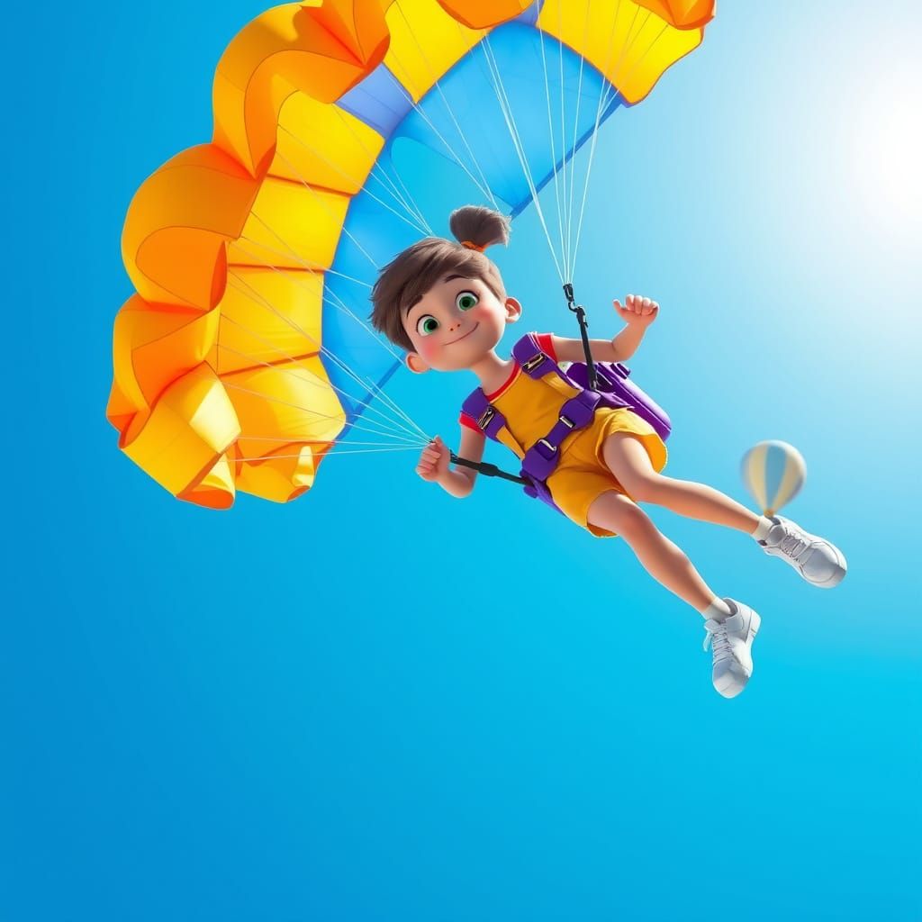 Girl Soaring with Parachute in Pixar CGI Style
