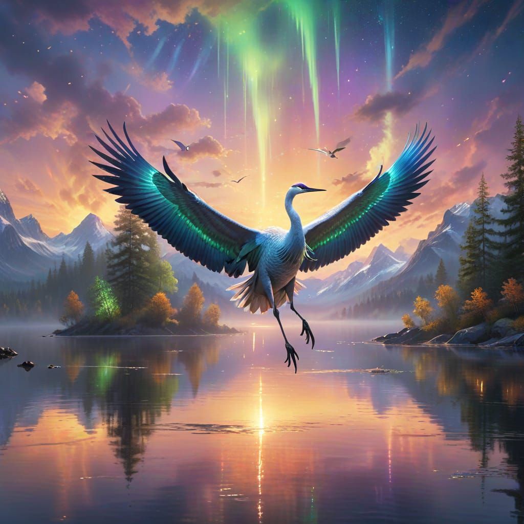 Crane with Aurora Wings in Dreamy Ethereal Style