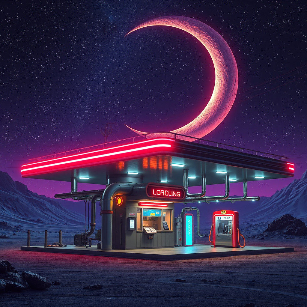 Otherworldly Gas Station on Alien Planet in Retro-Futuristic...