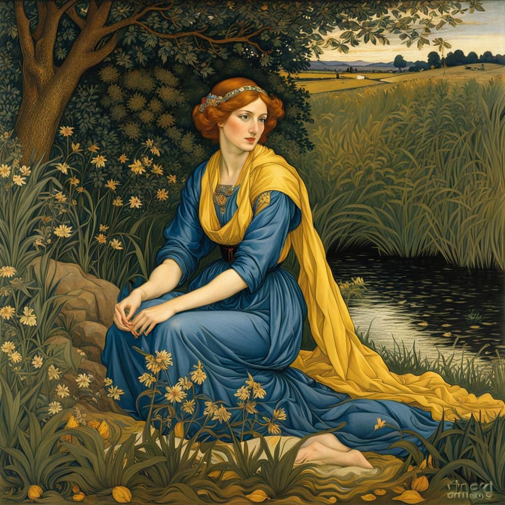 Riverbank Beauty in Pre-Raphaelite Style